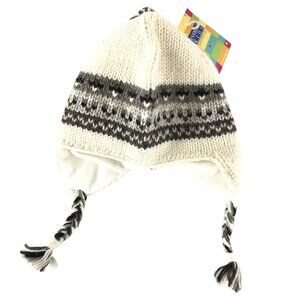 Everest Kids Hat Ear Flaps Wool Fleece Lined Knit Ivory Gray One Size